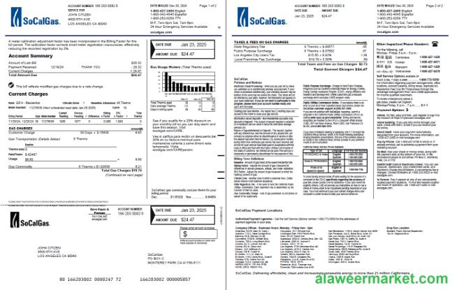 USA So Cal Gas utility bill template in Word and PDF formats, 2 pages, version 4